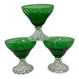 Vintage Emerald Green Glass Champagne Sherbet Glasses Swirl Retro MCM Set of 3